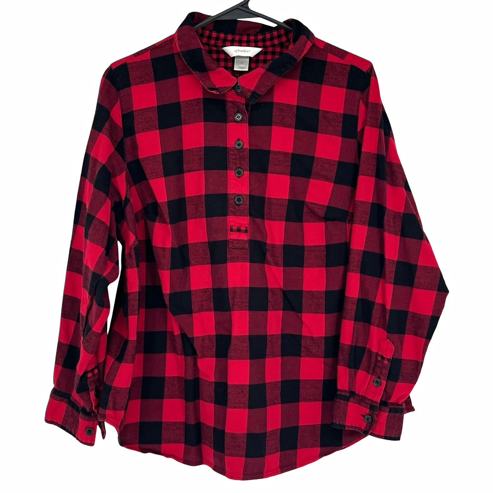 CJ Banks Women's 1X Buffalo Plaid Shirt Red Black Flannel Tunic Cottage Cabin